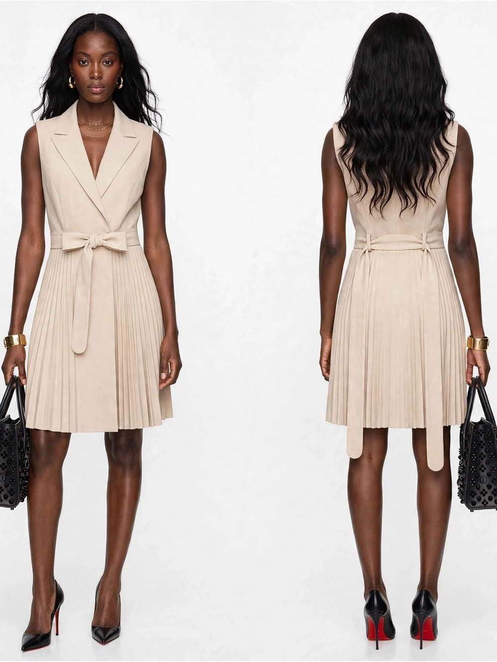 Karen Millen Sleeveless Pleated Tie-Waist Dress in Beige